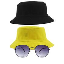 Kit 2 Chapéu Bucket Hat E Oculos De Sol Hexagonal Preto MD-04