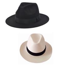 Kit 2 Chapéu Fedora e Panamá Retro Estilo Praia Aba Média Moda Unissex Preto Clássico