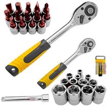Kit 2 Chaves Catraca Reversivel Emborrachada de 1/2" e 1/4" Reforçada Aço + Bits Soquetes e Extensor 29 Peças + Maleta