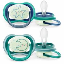 Kit 2 Chupetas Ultra Air Noturna De 6-18 Meses Dupla Azul e Verde Infantil - Philips Avent Kit 2 Chupetas Ultra Air Noturna De 6-18 Meses Dupla Azul e Verde Infantil - Philips Avent