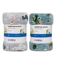 Kit 2 Cobertores Solteiro Camesa Mágico Brilha no Escuro Cor:Tratores-Surf