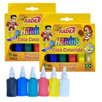Kit 2 Cola Colorida 6 Cores Primárias 25g Tubinhos Com Bico Aplicador