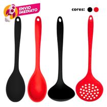 Kit 2 Colher Arroz E 1 Concha Feijão Caldo E 1 Escumadeira Universal Silicone Panelas Teflon