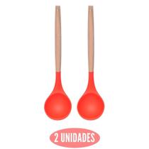 Kit 2 Colher Silicone Arroz Vermelho Resistente Cabo Bambu