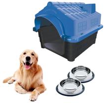Kit 2 Comedouro Comida Inox Chalesco + Casa Pet Casa N4 Azul