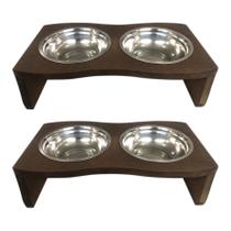 Kit 2 Comedouro Madeira Com 2 Potes Inox Pet Cachorro Gato