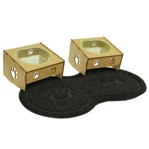 kit 2 Comedouros/Bebedouro Wood Pata Cães E Gatos Morapet +Tapete Pet Vinílico