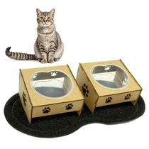 kit 2 Comedouros/Bebedouro Wood Pata Cães E Gatos Morapet +Tapete Pet Vinílico