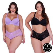 Kit 2 Conj. de Lingerie Plus Size Sutiã Reforçado e Calcinha Renda - c15 KIT 2 PAULA PRETO E LILÁS Kit 2 Conj. de Lingerie Plus Size Sutiã Reforçado e Calcinha Renda - c15 KIT 2 PAULA PRETO E LILÁS