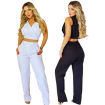 Kit 2 Conjunto Alfaiataria Feminino Blusa Gola e Detalhe C/Calça Moda Moderna 2024 Modelo Blogueirinha Ultima Tendencia