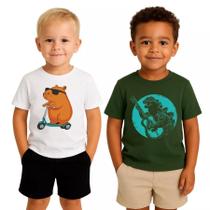 Kit 2 Conjunto Camiseta Short Infantil Estampado Menino Colorido Astronauta Spider Dinossauro Fofo Lindas Confortável