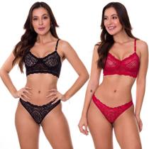 KIT 2 Conjunto de Lingerie em Renda Transparente Sem Bojo Preto e Vermelho Moda de Baixo - V59