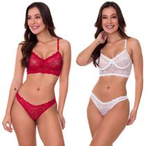 KIT 2 Conjunto de Lingerie em Renda Transparente sem Bojo Vermelho e Branco Moda de Baixo - VF13-V63