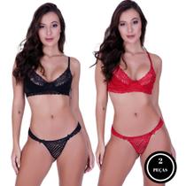 Kit 2 Conjunto de Lingerie Meia Taça Sem Bojo Renda com Aro - KIT 2 MILEIDE PRETO VERMELHO