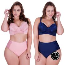 Kit 2 Conjunto de Lingerie Plus Size Reforçado e Calcinha Cós Alto - KIT 2 CAROLINA ROSA MARINHO