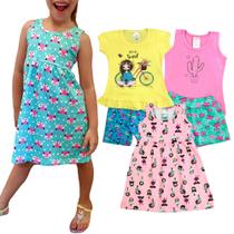 Kit 2 Conjunto e 1 Vestido Infantil Menina Roupa Infantil Verão Tamanho 1 ao 8