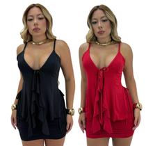 Kit 2 Conjunto Feminino Boho Saia Curta e Blusa Em Alças Decotada com Babados Kit 2 Conjunto Feminino Boho Saia Curta e Blusa Em Alças Decotada com Babados