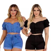 Kit 2 Conjunto Feminino Cor Preto e Jeans Azul Cintura Alto Jeans Feminino Com Elastano Short Levanta Bumbum Kit 2 Conjunto Feminino Cor Preto e Jeans Azul Cintura Alto Jeans Feminino Com Elastano Short Levanta Bumbum