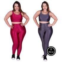 Kit 2 Conjunto Fitness Plus Size 3D Top e Legging Cintura Alta - c4 KIT 2 BÁRBARA PLUS CINZA E PINK