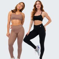 Kit 2 Conjunto Fitness Top Alça e Calça Legging Cós Alto Feminino Liso Básico Academia