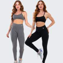 Kit 2 Conjunto Fitness Top Alça e Calça Legging Cós Alto Feminino Liso Básico Academia