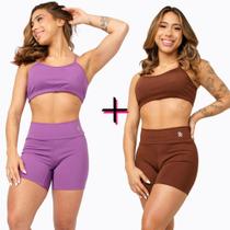Kit 2 Conjunto Fitness Top Alça Short Legging Liso Meia Coxa Blackout Zero Transparência Academia