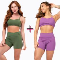 Kit 2 Conjunto Fitness Top Alça Short Legging Liso Meia Coxa Blackout Zero Transparência Academia