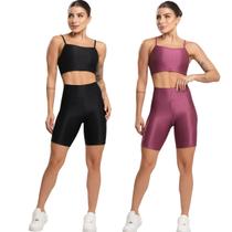 KIT 2 Conjunto Fitness Top e Bermuda Com Bolso Bella Fiore Academia Treino Moda Feminina Musculação Tamanho:PCor:Preto+