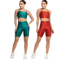 KIT 2 Conjunto Fitness Top e Bermuda Com Bolso Bella Fiore Academia Treino Moda Feminina Musculação Tamanho:PCor:Verde+