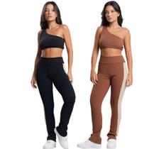 KIT 2 Conjunto Fitness Top e Calça Canelado Bella Fiore Poliamida Assimétrico Fitness Musculação Tamanho:PCor:Preto+Mar