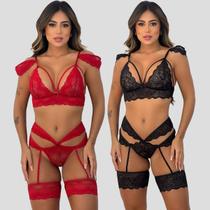 Kit 2 Conjunto Lingerie Ciganinha Perneira Renda Sensual