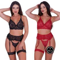 Kit 2 Conjunto Lingerie Sutiã sem Bojo e Perneira Sensual- c8 KIT 2 AMÉLIA PRETO E VERMELHO