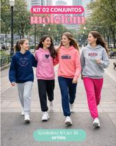 Kit 2 Conjunto Moletom Infantil Juvenil Feminino Blusa e Calça Flanelado, com capuz bolso canguru Roupa menina inverno tamanhos 10 12 14 16