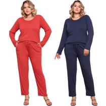 Kit 2 Conjunto Plus Size Feminino Manga Comprida Viscolycra
