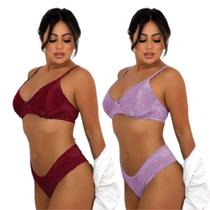 Kit 2 Conjunto Rendado Calcinha E Sutiã Moda Íntima Feminino Sem Bojo Com Arco Linha Noite Lingerie