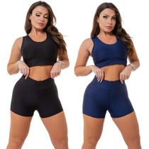 kit 2 conjunto short e top curto feminino fitnees academia meia coxa zero transparência cós alto suplex tamanho único tendencia blogueirinha