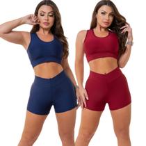 kit 2 conjunto short e top curto feminino fitnees academia meia coxa zero transparência cós alto suplex tamanho único tendencia blogueirinha