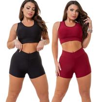 kit 2 conjunto short e top curto feminino fitnees academia meia coxa zero transparência cós alto suplex tamanho único tendencia blogueirinha