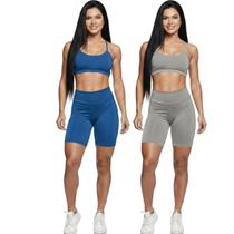 KIT 2 Conjunto Top Alça Fina e Bermudinha Suplex Bella Fiore Roupa Para Academia Fitness Musculação Tamanho:PCor:Azul+C