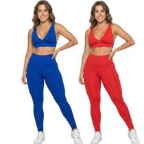 KIT 2 Conjunto Top Bojo Costa Cruzada e Calça Suplex Bella Fiore Roupa Academia Fitness Musculação Tamanho:GGCor:Azul+V