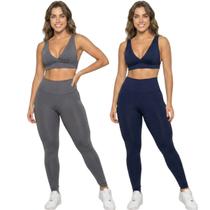 KIT 2 Conjunto Top Bojo Costa Cruzada e Calça Suplex Bella Fiore Roupa Academia Fitness Musculação Tamanho:PCor:Cinza+M