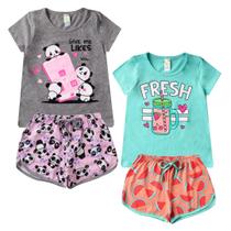 Kit 2 Conjunto Verão Infantil Feminino Blusinha e Shorts em Algodão + Cotton Roupa Menina Estampas Divertidas Tamanhos 04 06 08