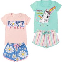 Kit 2 Conjunto Verão Infantil Juvenil Feminino Blusinha e Shorts em Algodão + Cotton Roupa Menina Tamanhos 10 12 14 16