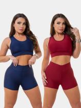 Kit 2 conjunto vinho e azul academia básico liso short e top