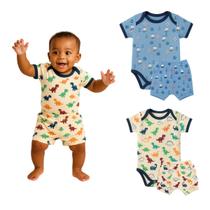 Kit 2 Conjuntos Body Manga Curta e Short Tapa Fralda Toque de Pessego Cores e Estampas Sortidas