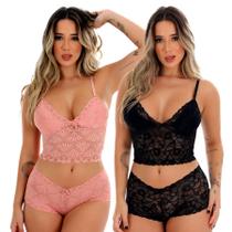 Kit 2 Conjuntos Caleçon Espera Marido De Renda com Forro Baby Doll Sensual