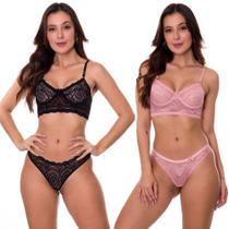 KIT 2 Conjuntos de Lingerie em Renda Transparente Sem Bojo Estilo Sedutor - V61