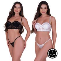 Kit 2 Conjuntos De Lingerie Rendado Sexy Cropped Luxo - KIT 2 CONJUNTOS BIANCA PRETO,BRANCO