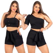 Kit 2 Conjuntos Feminino Cropped e Short Cintura Alta Crepe