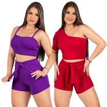 Kit 2 Conjuntos Feminino Cropped e Short Cintura Alta Crepe